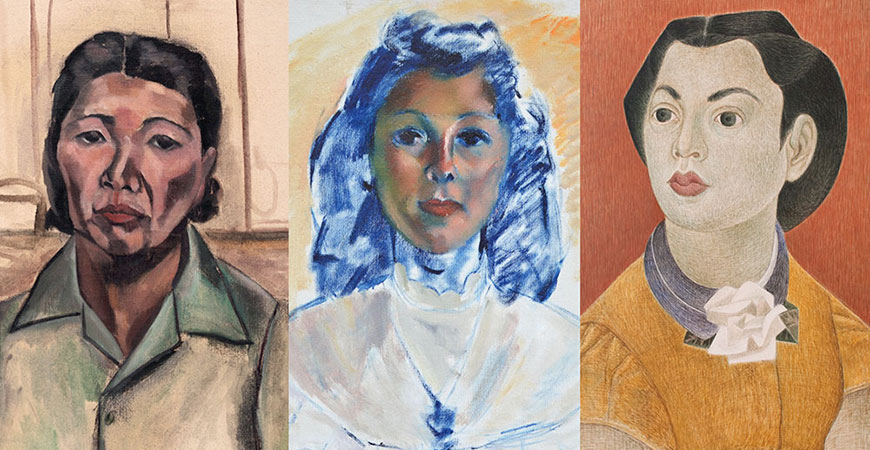 Images from left to right: Hisako Hibi, “Study for a Self-Portrait,” ca. 1944.; Miki Hayakawa, “Untitled (Woman with Blue Hair),” ca. 1930s; Miné Okubo, “Portrait Study,” ca. 1937.